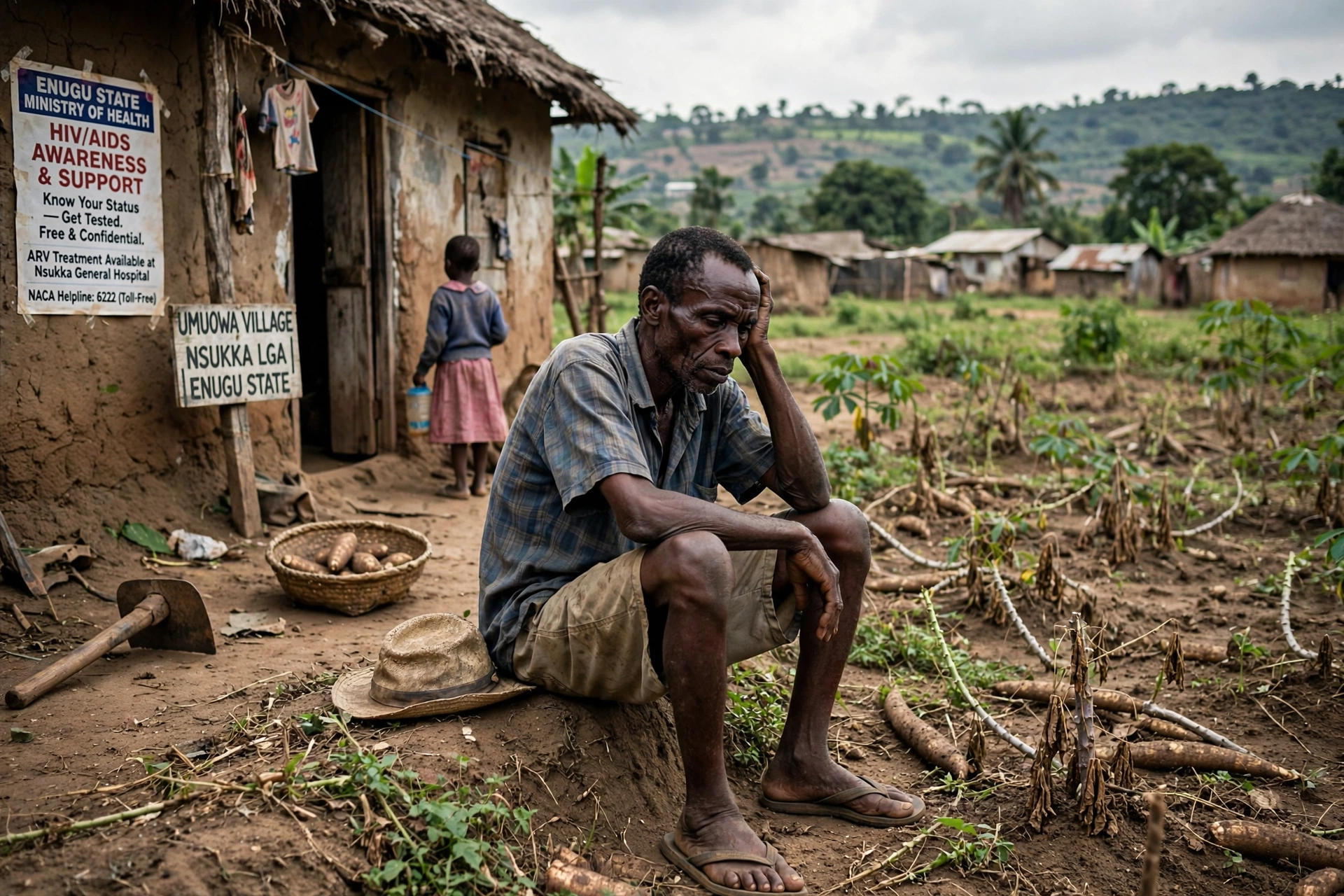 The image depicts how HIV/AIDS can impact agricultural productivity and household wellbeing in rural Enugu State. Key elements often include reduced labor availability on farms, neglected crops, medical costs affecting farm investment, and strain on family support systems — all of which directly affect livelihoods.
