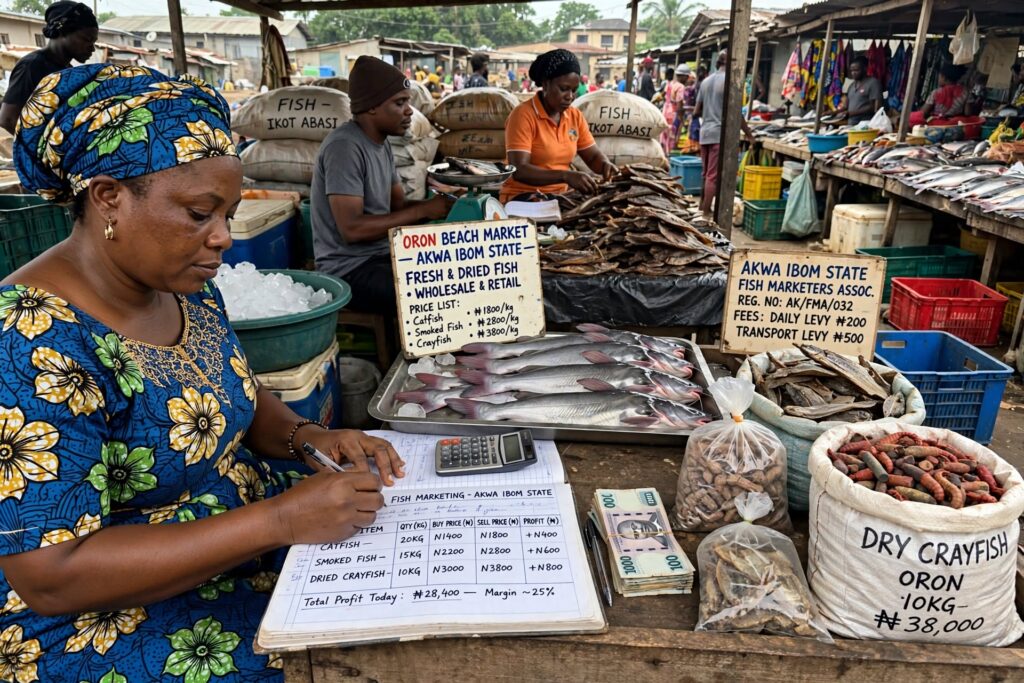 This is Oron Beach Market — one of the biggest fish hubs in Akwa Ibom: Products: Fresh catfish on ice, smoked/dried fish, and the famous Oron dry crayfish (10kg bag for ₦38,000) Economics on the ledger: Catfish buy ₦1,400/kg sell ₦1,800/kg (+₦400), Smoked ₦2,200→₦2,800 (+₦600), Crayfish ₦3,000→₦3,800 (+₦800) — Total profit today ₦28,400 with ∼25% margin Signs: "FISH - IKOT ABASI" sacks from riverine suppliers, Akwa Ibom Fish Marketers Assoc. daily levy ₦200, transport levy ₦500 Price board: Catfish ₦1800/kg, Smoked ₦2800/kg, Crayfish ₦3800/kg This shows exactly what your topic covers — from Ikot Abasi/Oron landings to wholesale and retail pricing, levies, and profitability.