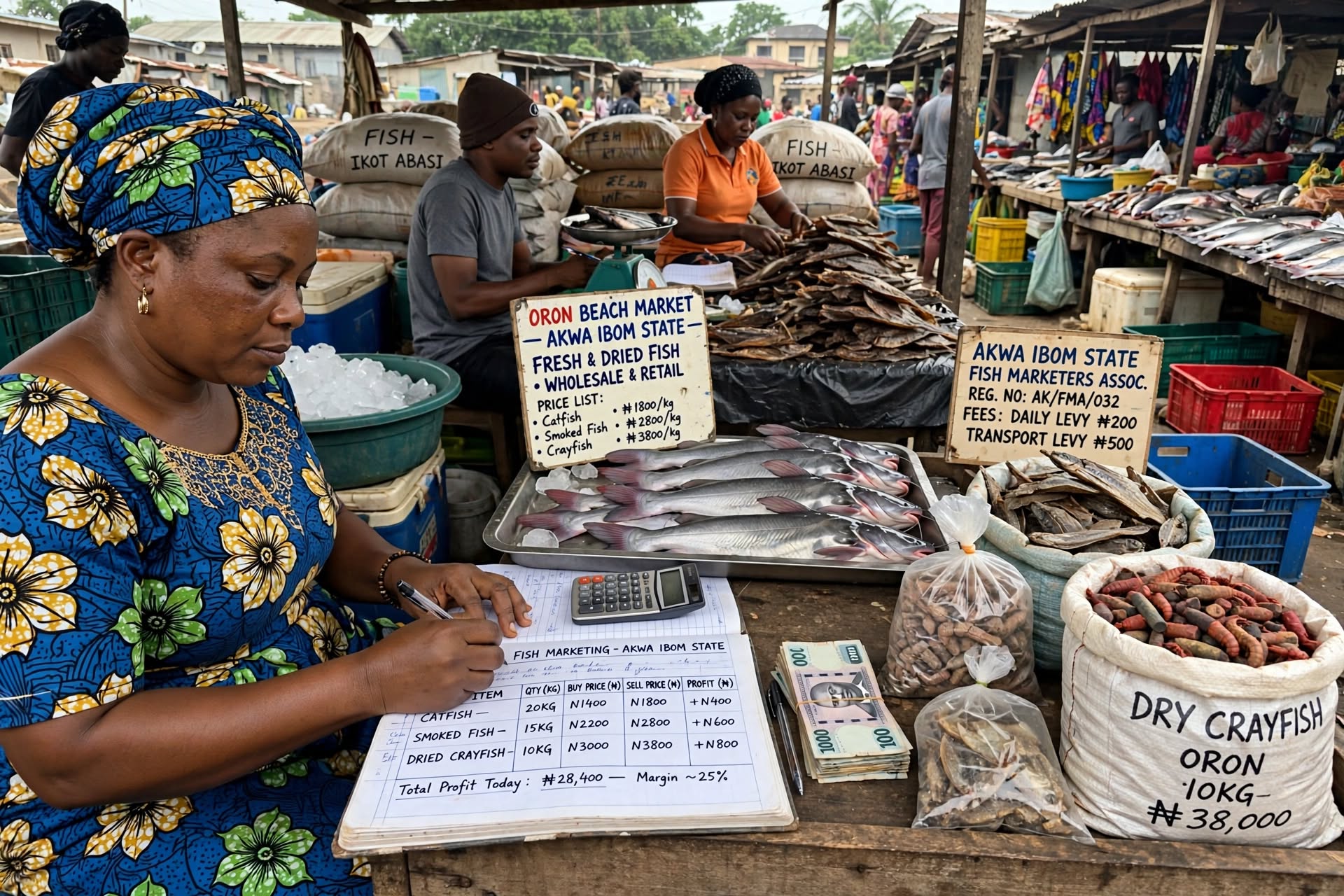 This is Oron Beach Market — one of the biggest fish hubs in Akwa Ibom: Products: Fresh catfish on ice, smoked/dried fish, and the famous Oron dry crayfish (10kg bag for ₦38,000) Economics on the ledger: Catfish buy ₦1,400/kg sell ₦1,800/kg (+₦400), Smoked ₦2,200→₦2,800 (+₦600), Crayfish ₦3,000→₦3,800 (+₦800) — Total profit today ₦28,400 with ∼25% margin Signs: "FISH - IKOT ABASI" sacks from riverine suppliers, Akwa Ibom Fish Marketers Assoc. daily levy ₦200, transport levy ₦500 Price board: Catfish ₦1800/kg, Smoked ₦2800/kg, Crayfish ₦3800/kg This shows exactly what your topic covers — from Ikot Abasi/Oron landings to wholesale and retail pricing, levies, and profitability.