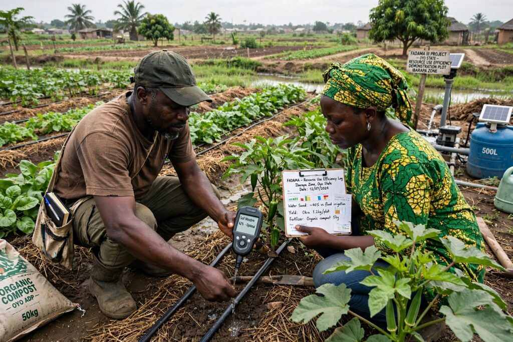 This is the FADAMA III Project Demonstration Plot — Ibarapa Zone, Oyo State (lowland fadama area): Signboard in background: FADAMA III PROJECT - OYO STATE - RESOURCE USE EFFICIENCY DEMONSTRATION PLOT - IBARAPA ZONE Efficiency tools in action: Man testing soil with meter: Soil Moisture: 62% - Optimal Woman holding FADAMA - Resource Use Efficiency Log — Ibarapa Zone, Date: 12/07/2024 Water Saved: ∼40% vs flood irrigation Yield: Okra 1.2kg/plot Fertilizer: Organic compost 5kg Systems visible: Drip lines on mulched beds, solar-powered pump (500L tank with solar panel), organic compost 50kg OYO ADP sack Crops: Okra, Ugu/spinach, pepper — typical fadama dry-season vegetables This perfectly shows how Fadama farmers in Ibadan/Ibarapa optimize water, fertilizer, and land to raise output per resource unit.