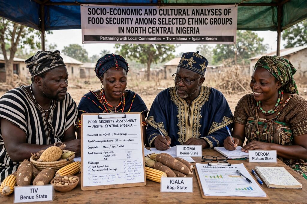 Location: Community field station β Otukpo / Gboko axis β North Central Nigeria β under canopy: Banner overhead: "SOCIO-ECONOMIC AND CULTURAL ANALYSES OF FOOD SECURITY AMONG SELECTED ETHNIC GROUPS IN NORTH CENTRAL NIGERIA β Partnering with Local Communities β’ Tiv β’ Idoma β’ Igala β’ Berom" Four ethnic groups represented β socio-cultural identity visible: TIV (Benue State) β left man: Black-white striped Tiv anger traditional top, black-white fila cap, coral beads β standing before basket of millet head, yam tubers, maize, groundnuts β staple Tiv crops IDOMA (Benue State) β woman center-left: Dark blue blouse with red-yellow beadwork, Idoma Onyagene head tie with coral beads, colorful waist beads β typical Idoma cultural dress β holding clipboard