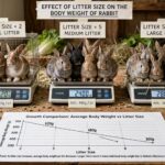Top banner taped: "EFFECT OF LITTER SIZE ON THE BODY WEIGHT OF RABBIT" Three groups side-by-side on wooden rabbitry table — same age kits, different litter sizes — weighing demonstration: LEFT — LITTER SIZE = 2 SMALL LITTER: 2 large fluffy brown-white kits on scale — biggest individual size Digital scale 620g — label below "AVG: 620g / kit" Wire cage top — small litter = more milk, more growth space Visual: chubby, heavy kits CENTER — LITTER SIZE = 5 MEDIUM LITTER: 5 medium brown, black, tan kits huddled on scale — moderate size Digital scale 2400g total = 480g avg — label "AVG: 480g / kit" 5 kits average — middle ground Visual: medium body weight RIGHT — LITTER SIZE = 8 LARGE LITTER: 8 small grey-brown-black kits crowded on scale — smallest individual size Digital scale 2880g total = 360g avg — label "AVG: 360g / kit" Visual: smallest, competition for milk Hay bedding, water bottle background — rabbitry environment