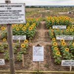 Location: Crop Research Station — Sunflower Field Experiment 2024 — Planting Date: 15 May 2024 | Observation: 18 July 2024: Main board: "SUNFLOWER FIELD EXPERIMENT — 2024 — PERFORMANCE OF TWO SUNFLOWER (Helianthus annuus L.) VARIETIES UNDER VARYING PLANTING DENSITY & NITROGEN LEVELS — Objective: Evaluate growth & yield of 2 varieties under 2 planting densities × 3 nitrogen levels — Location: Crop Research Station | Design: Randomized Complete Block | Planting Date: 15 May 2024 | Observation: 18 July 2024"