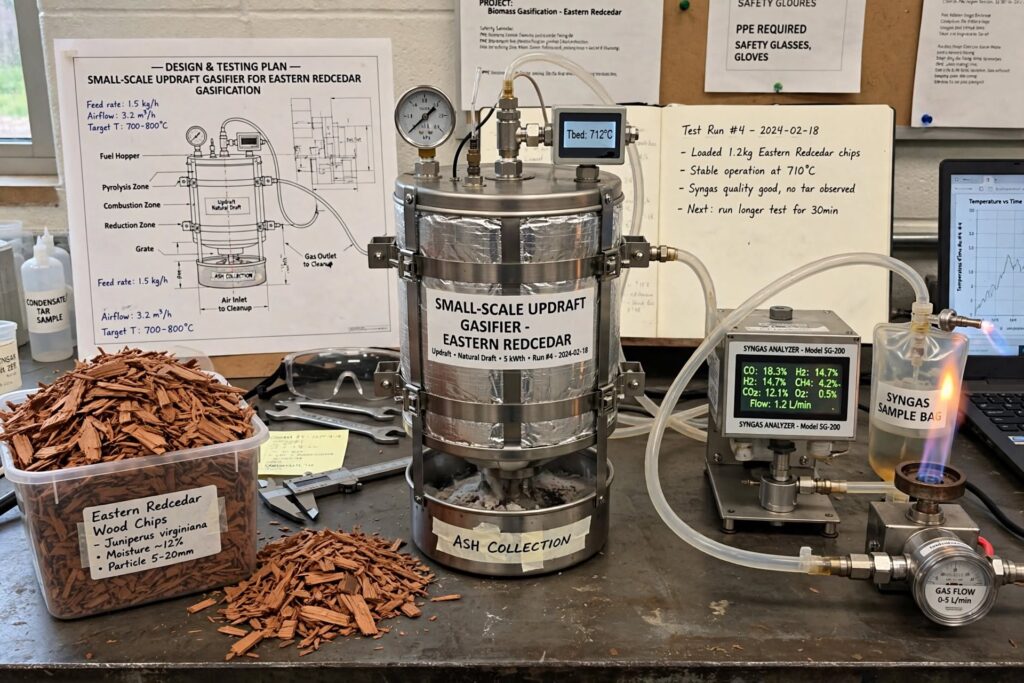 Location: Biomass Energy Lab — Test Run #4 — 2024-02-18: Center — Small-Scale Updraft Gasifier — EASTERN REDCEDAR: Label: "SMALL-SCALE UPDRAFT GASIFIER - EASTERN REDCEDAR — Updraft • Natural Draft • 5 kWth • Run #4 - 2024-02-18" Stainless steel insulated reactor (foil wrapped), top pressure gauge, digital display "Tbed: 712°C" — target 700-800°C Bottom: "ASH COLLECTION" tray with grey ash residue — updraft principle: air enters bottom, gas exits top Construction: band clamps, gas outlet to cleanup, grate inside Left — Fuel — Eastern Redcedar: Clear bin: "Eastern Redcedar Wood Chips - Juniperus virginiana • Moisture ∼12% • Particle 5-20mm" — reddish-brown cedar chips — invasive species from Great Plains being valorized Loose pile on bench for feeding — feed rate spec 1.5 kg/h Bottles "CONDENSATE / TAR SAMPLE" — byproduct collection Background — Design board: "— DESIGN & TESTING PLAN — SMALL-SCALE UPDRAFT GASIFIER FOR EASTERN REDCEDAR GASIFICATION" Technical diagram labeled: Fuel Hopper (top), Pyrolysis Zone, Combustion Zone, Reduction Zone, Grate, Ash Collection (bottom), Air Inlet to Cleanup, Gas Outlet to Cleanup, Feed rate: 1.5 kg/h, Airflow: 3.2 m³/h, Target T: 700-800°C Shows updraft natural draft configuration — engineering design stage Safety notice: "PPE REQUIRED SAFETY GLASSES, GLOVES" — lab compliance Right — Testing & Performance Evaluation: Syngas Analyzer - Model SG-200 display green LEDs: CO: 18.3% H2: 14.7% H2: 14.7% CH4: 4.2% CO2: 12.1% O2: 0.5% Flow: 1.2 L/min — syngas composition measurement SYNGAS SAMPLE BAG with clear tubing — gas collection Flare test: Small blue-yellow flame burning at burner tip — proves combustible syngas production — ignition test Gas Flow meter 0-5 L/min bottom right — measuring gas yield Laptop graph: "Temperature vs Time" rising to ∼710°C stable — bed temperature profile logging Open lab notebook: "Test Run #4 - 2024-02-18 - Loaded 1.2kg Eastern Redcedar chips - Stable operation at 710°C - Syngas quality good, no tar observed - Next: run longer test for 30min" — handwritten performance evaluation log Captures full project: designing compact insulated updraft reactor for invasive Eastern Redcedar chips, constructing stainless unit, testing at 712°C bed, analyzing syngas quality (CO+H2 ∼33% combustible), and flaring to demonstrate successful gasification.