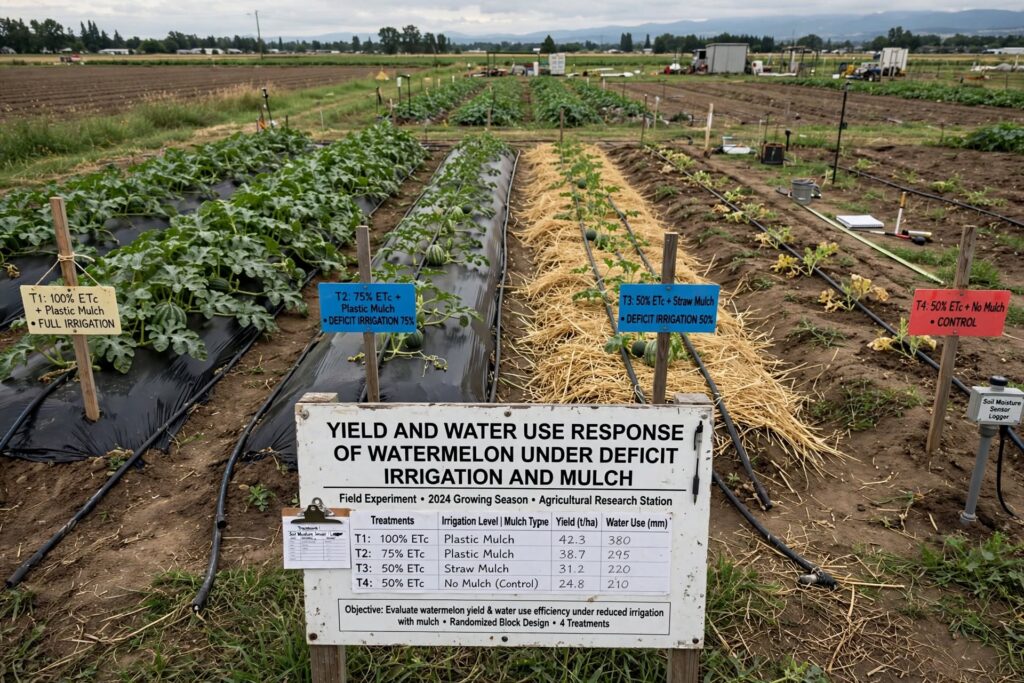 Main board foreground: "YIELD AND WATER USE RESPONSE OF WATERMELON UNDER DEFICIT IRRIGATION AND MULCH" Field Experiment • 2024 Growing Season • Agricultural Research Station